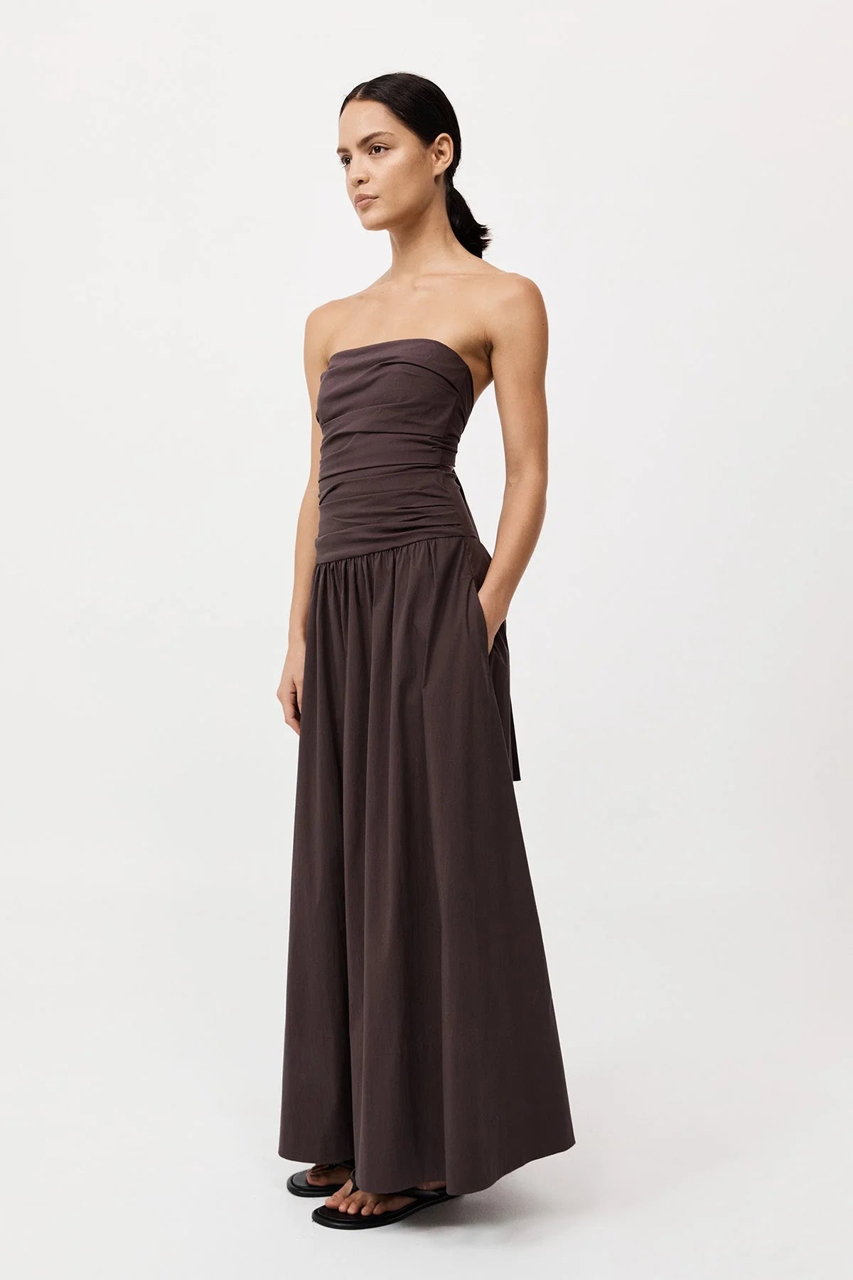Gathered Strapless Tie Back Dress in Chocolate Plum