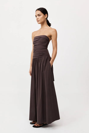 Gathered Strapless Tie Back Dress in Chocolate Plum