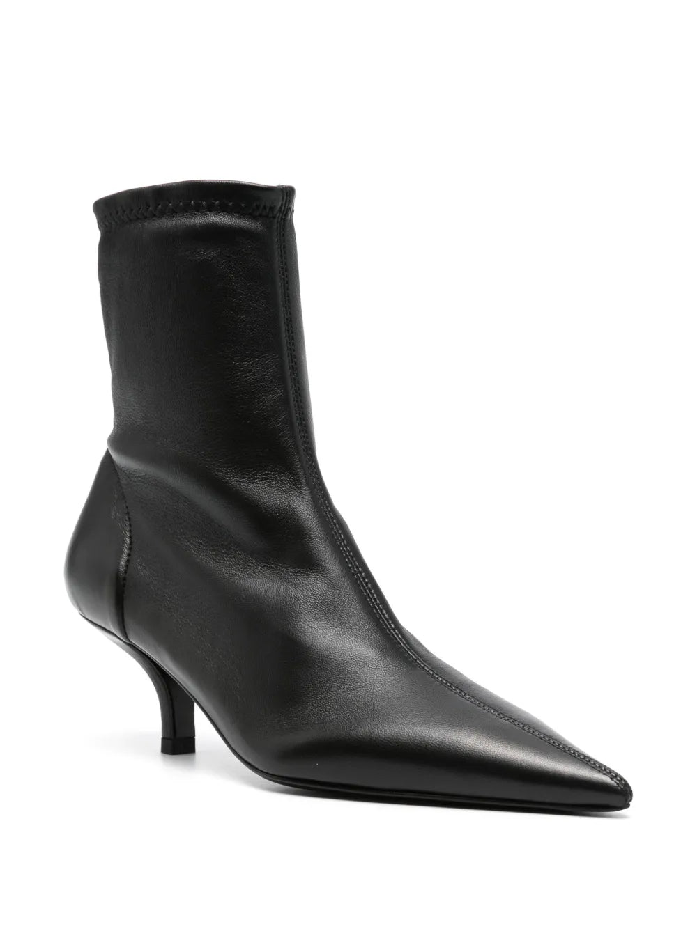 Close-up of the Nappa Heeled Sock Boot in Black, highlighting its supple Nappa leather upper and neoprene reverse.