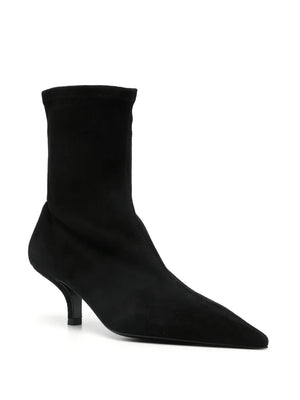 Side view of Suede Heeled Sock Boot in Black, featuring a stretch-fit design and premium suede finish.