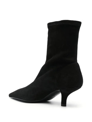Close-up of the Suede Heeled Sock Boot in Black, highlighting the luxurious materials and elasticated construction.
