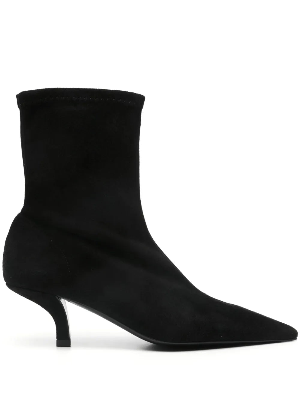 Suede Heeled Sock Boot in Black by TOTEME, showcasing its elegant pointed toe and 55mm sole.