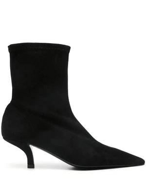 Suede Heeled Sock Boot in Black by TOTEME, showcasing its elegant pointed toe and 55mm sole.