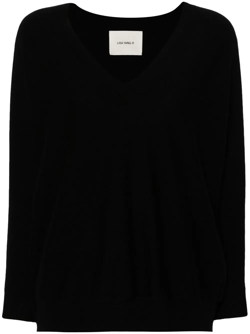 Kenny Sweater in Black by Lisa Yang, showcasing the exaggerated ribbed V-neckline and slouchy silhouette.