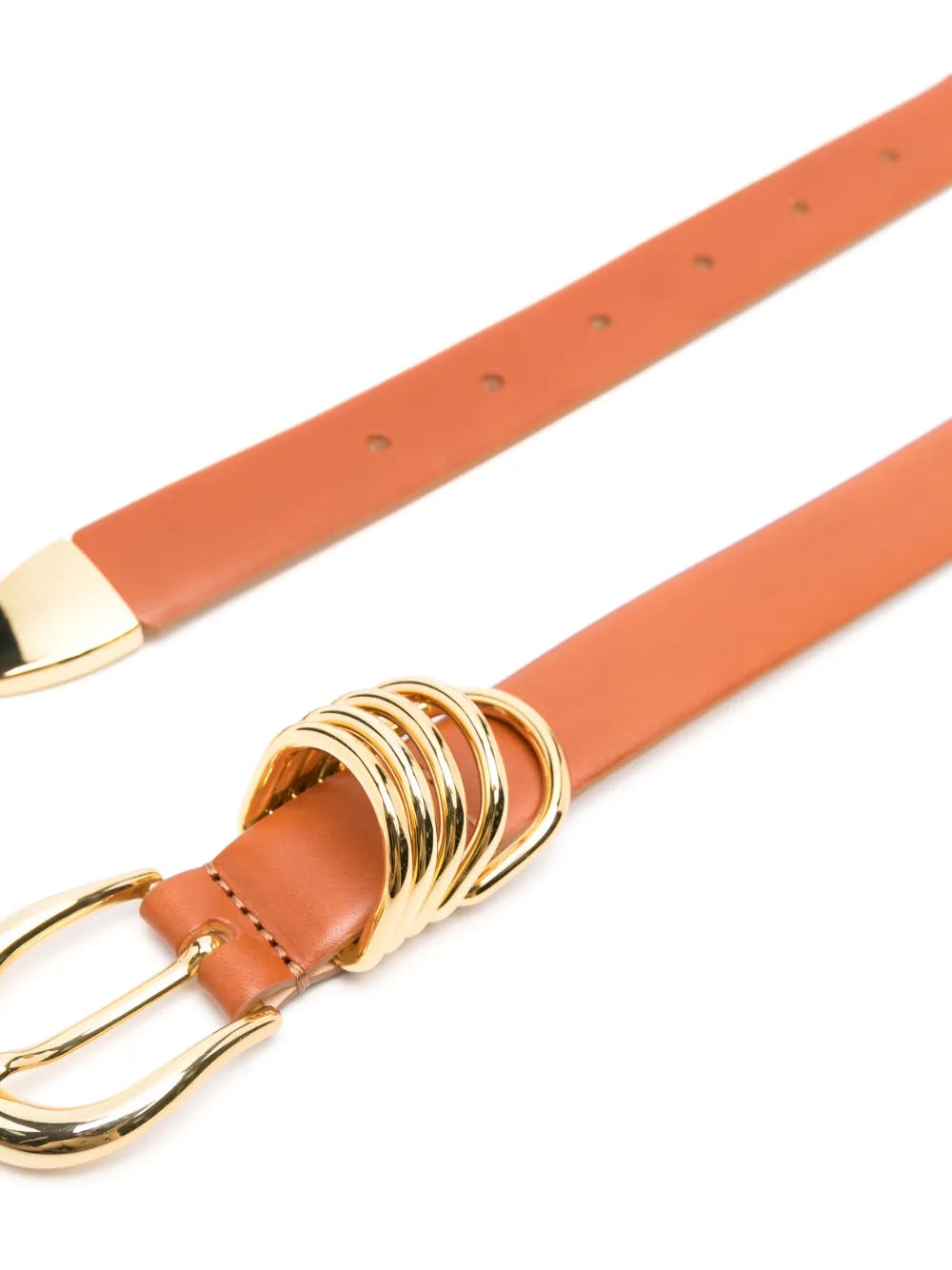 Close-up of the Hollyhock in Terre/Gold, showcasing its luxurious Italian leather and extended strap design.