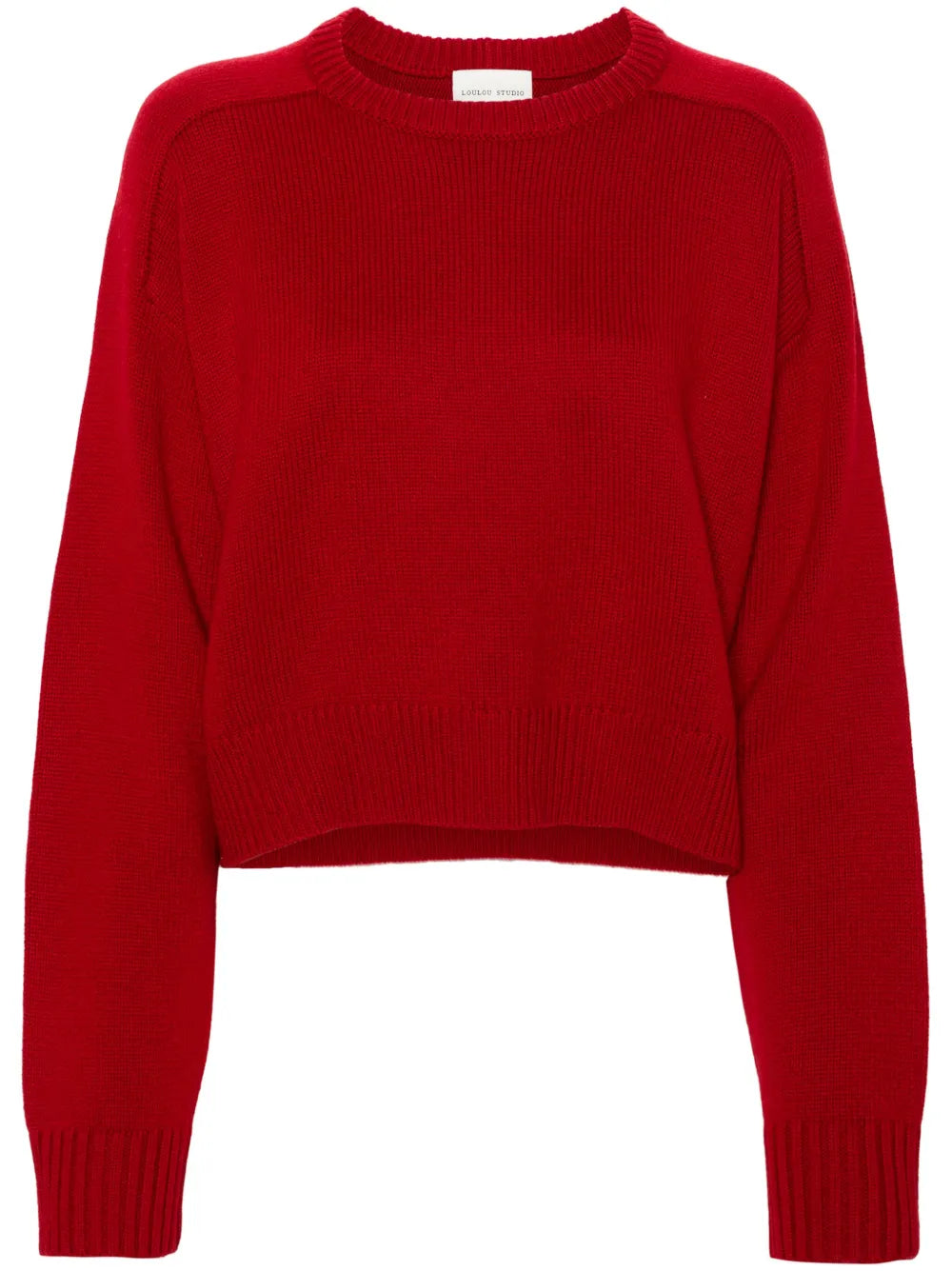Luxury Bruzzi LDS Crop Sweater in Red featuring a sophisticated crewneck and elegantly crafted drop shoulders, designed by Loulou de Saison.