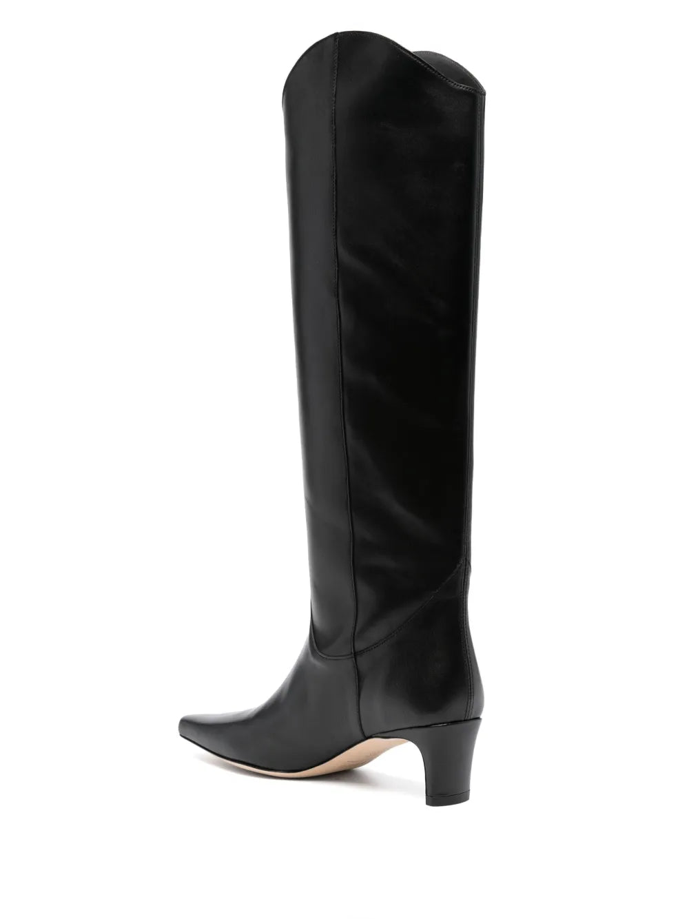 Side view of Western Wally Boot in Black by Staud, highlighting the curved topline and trendy silhouette.