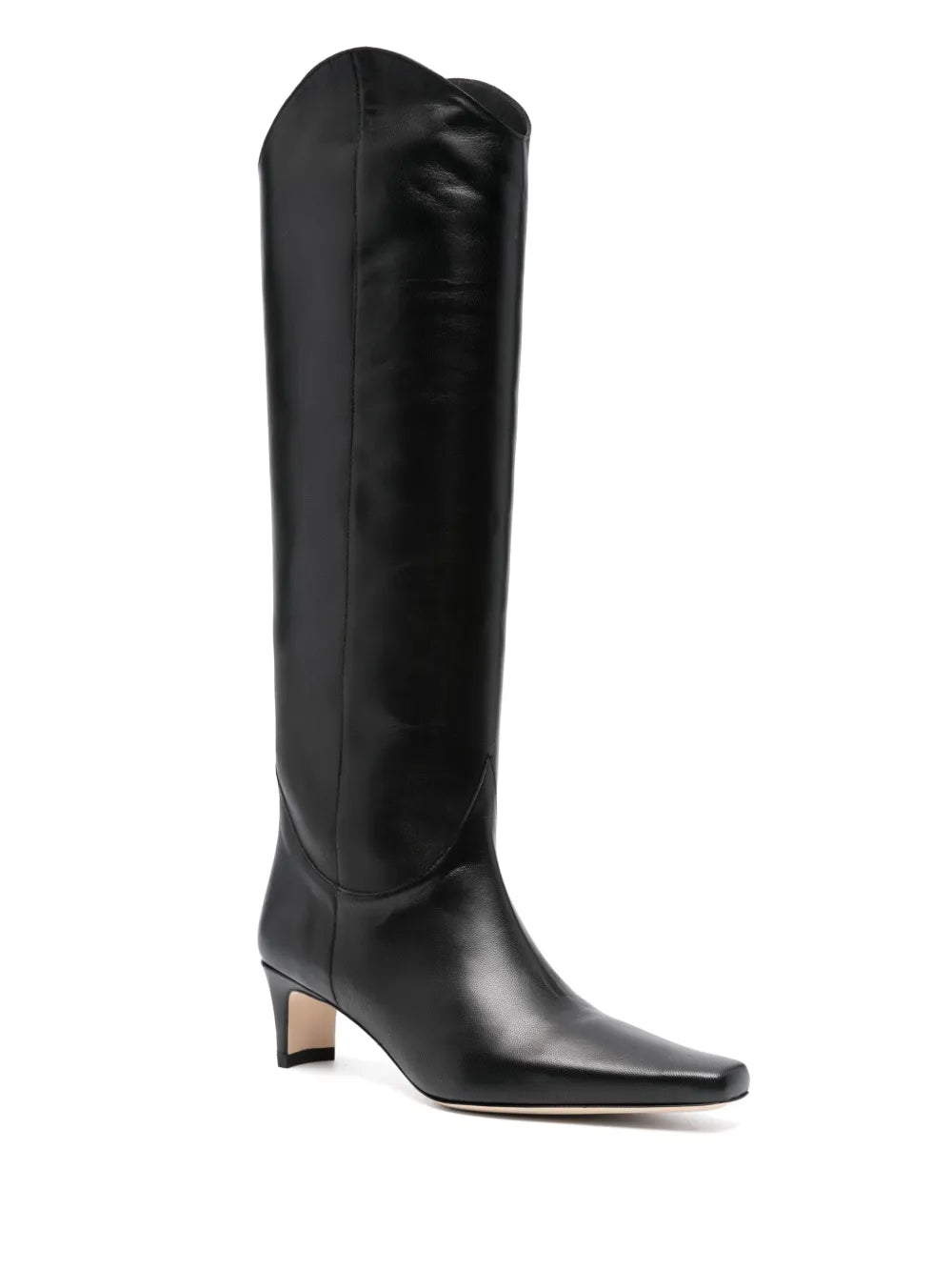 Close-up of the Western Wally Boot in Black by Staud, showcasing its luxurious cow leather and western-inspired design.