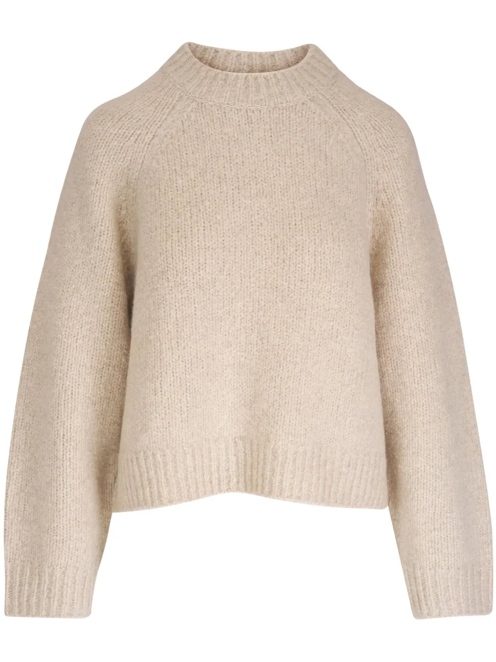 Tomaso Sweater in Beige Melange displayed on a hanger showcasing its relaxed fit and high neck design.