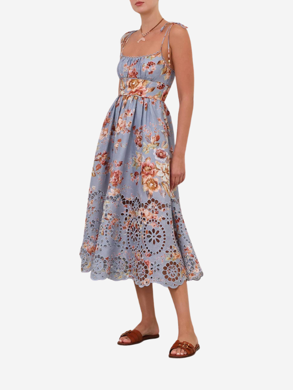 Side view of the Awaken Picnic Dress in Chambray Floral, displaying the scoop neckline and linen texture.
