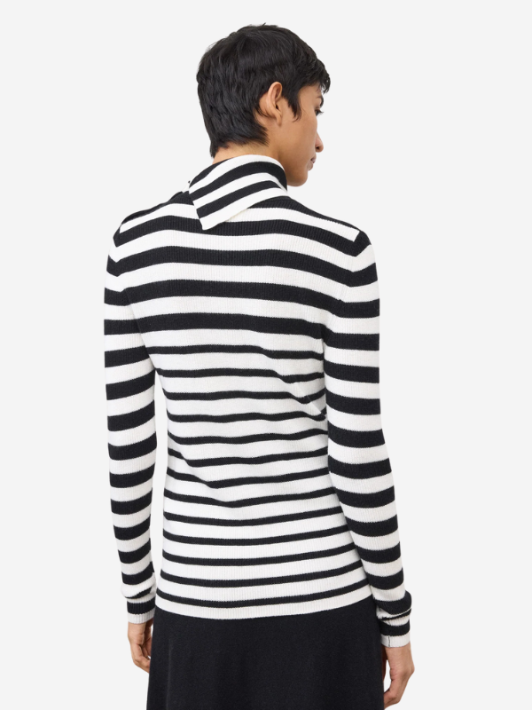 Back view of the Sabrine Sweater in Salt/Noir Stripes by Lisa Yang, featuring a clean hem and sophisticated look.