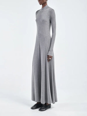 Detail view of the Rib Godet Dress in Heather Grey, highlighting the lightweight fabric and godet skirt design.