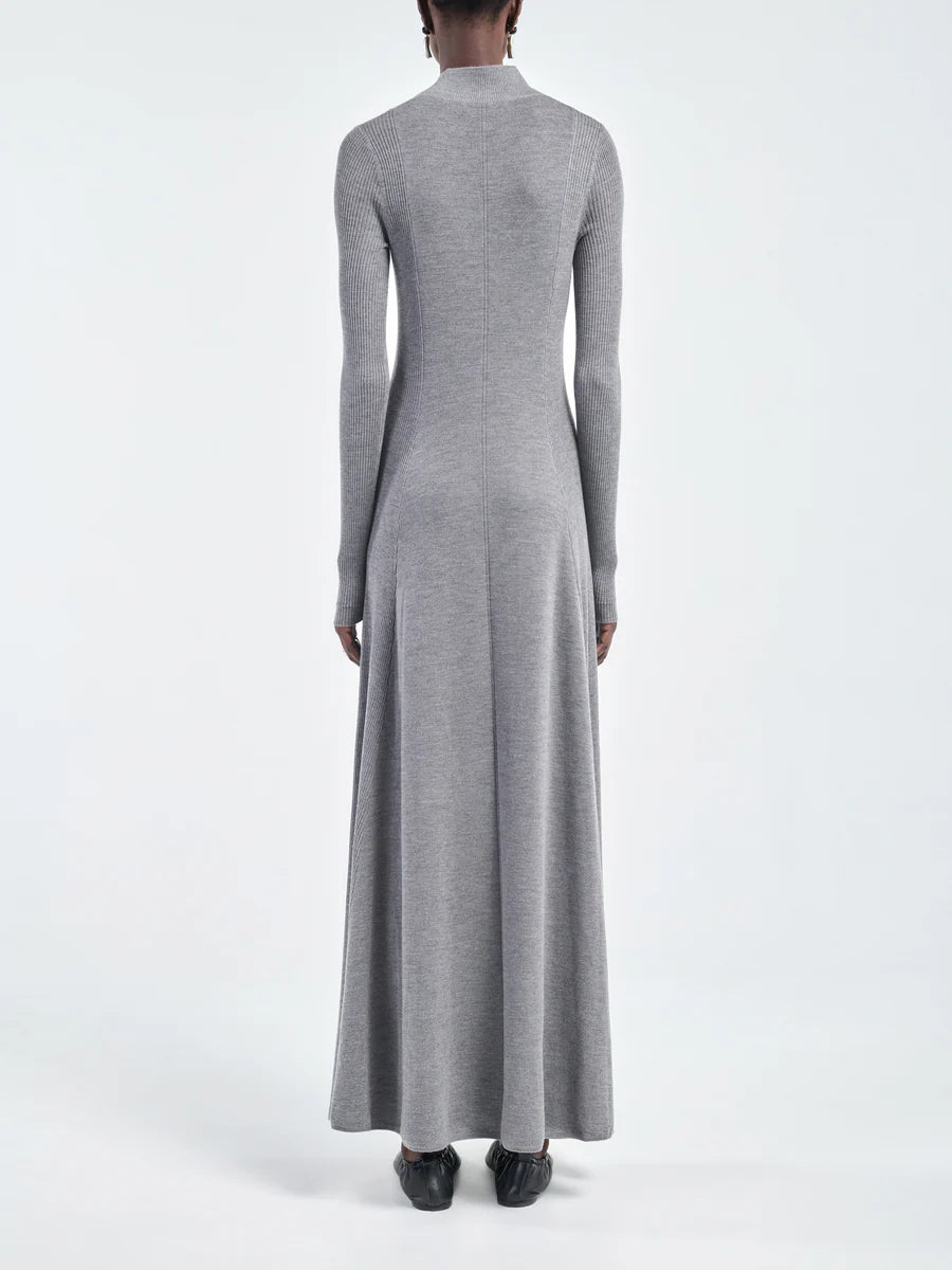 Model wearing the Rib Godet Dress in Heather Grey, illustrating the slim fit on the upper body and flowy skirt.