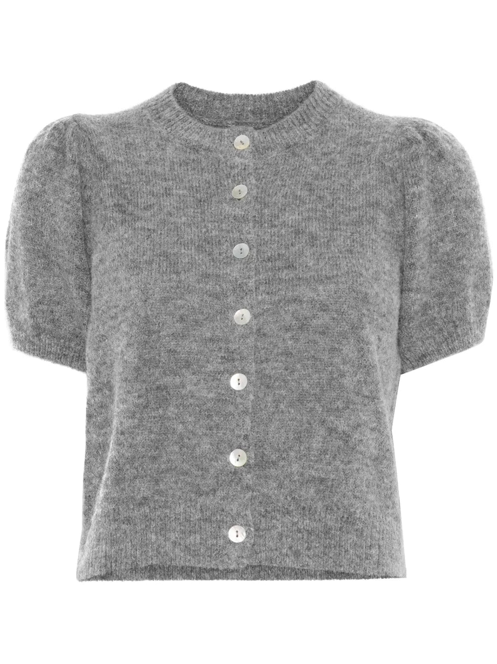 Anisa Cardigan in Dark Heather Grey showcasing the crewneck style and puffed short sleeves by Dôen.