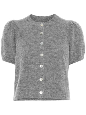 Anisa Cardigan in Dark Heather Grey showcasing the crewneck style and puffed short sleeves by Dôen.