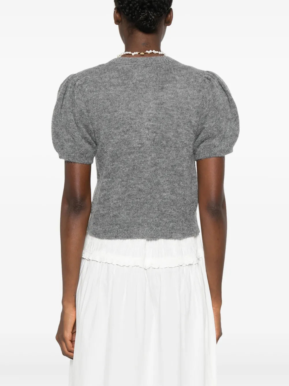 Back view of the Anisa Cardigan in Dark Heather Grey highlighting its elegant knit and design by Dôen.