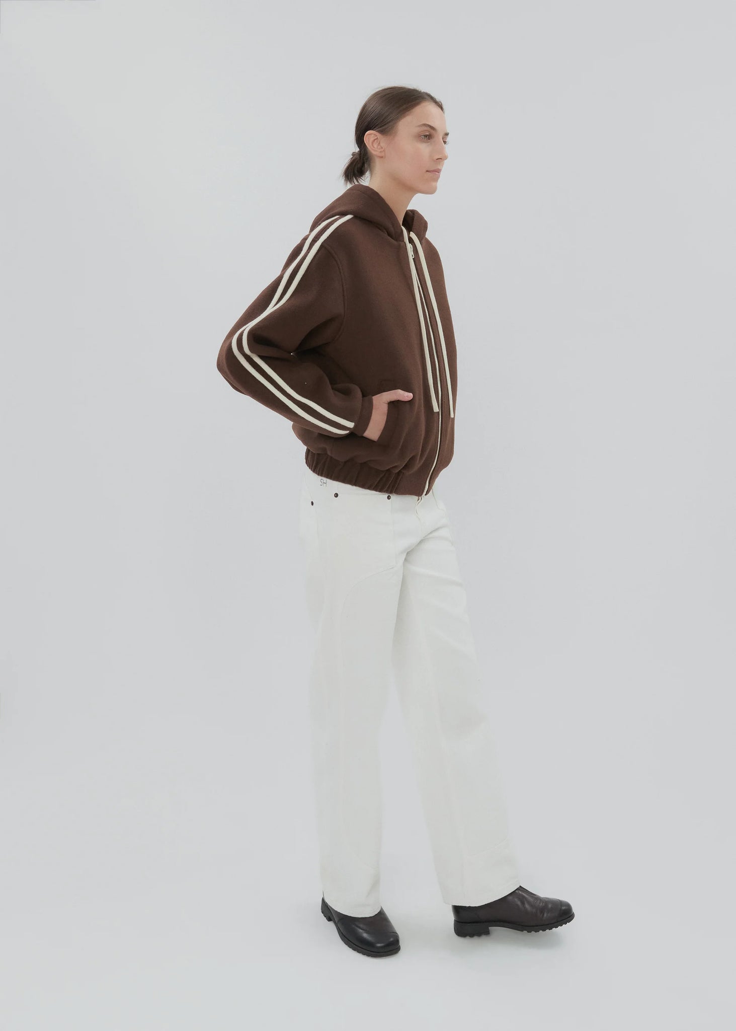 Chocolate Brown Boyfriend Zip - close-up of the front hand pockets and zipper