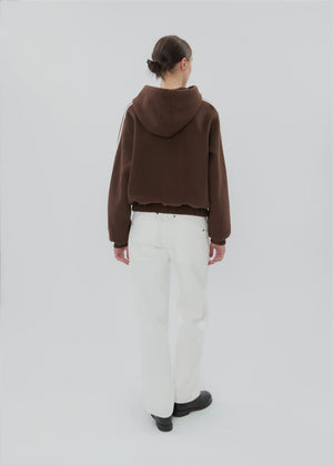 Front view of Boyfriend Zip in Chocolate Brown, styled with casual outfit