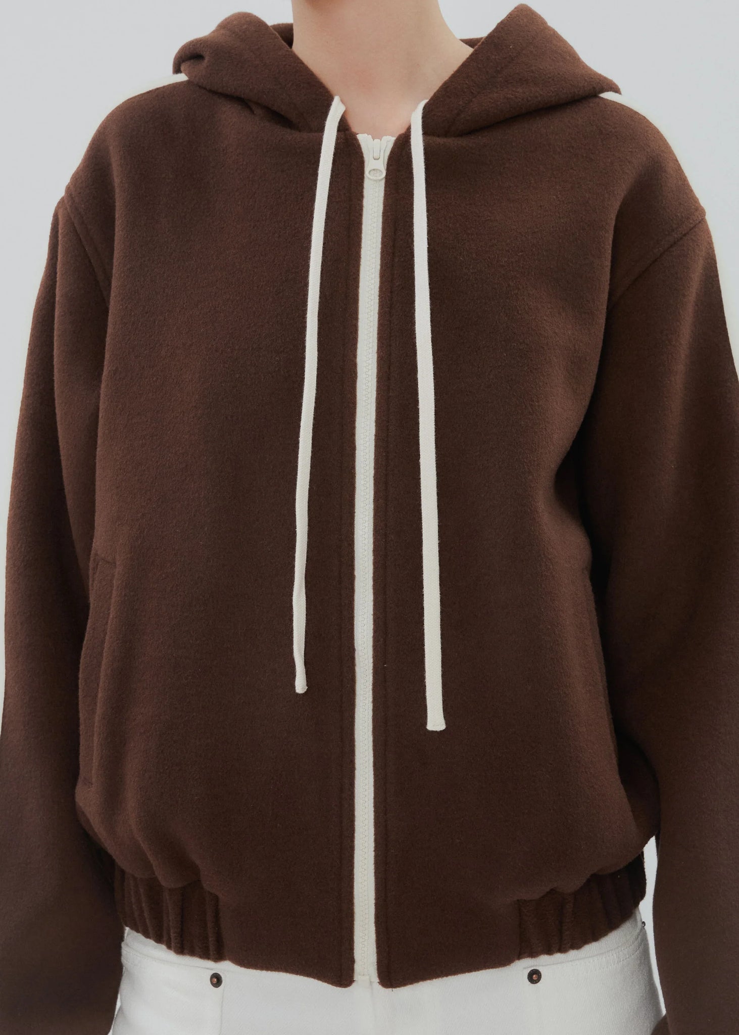 Boyfriend Zip in Chocolate Brown on a model, demonstrating its fashionable look