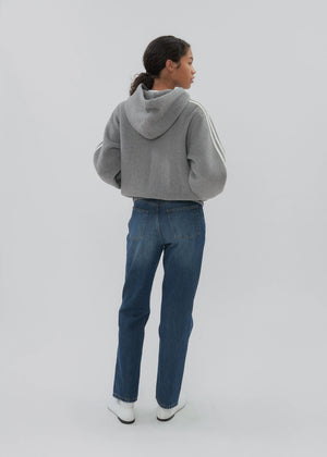 Close-up view of the Boyfriend Zip in Grey, highlighting the silky lining and front hand pockets.