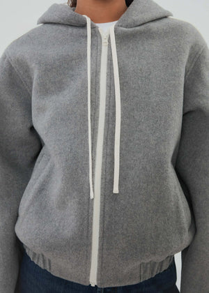 Back view of the Boyfriend Zip in Grey, emphasizing the unique wool texture.