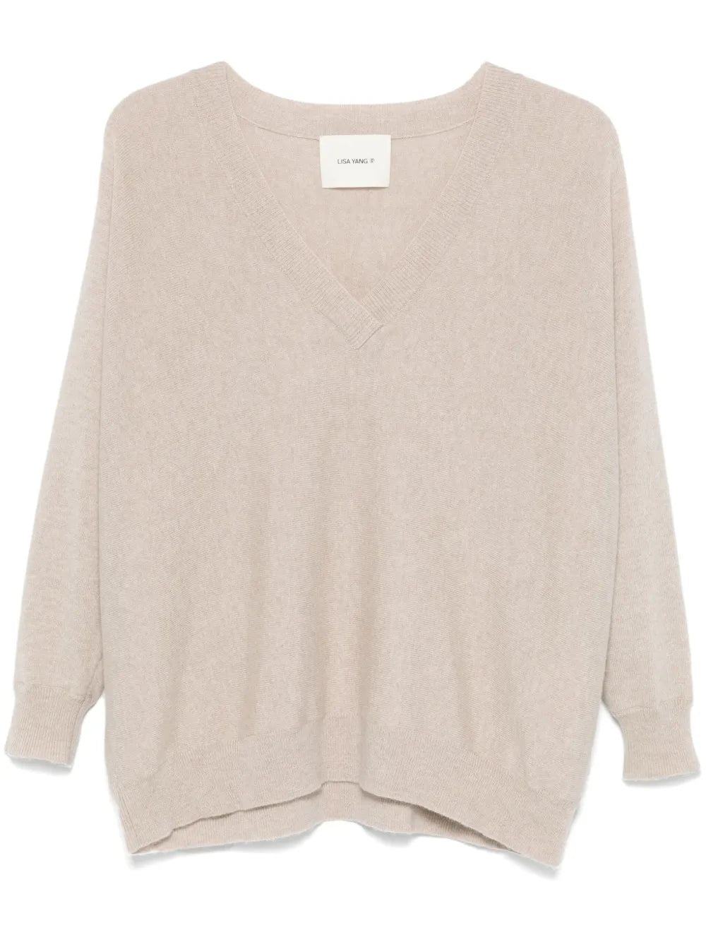 Kenny Sweater in Sand featuring an exaggerated ribbed V-neckline and slouchy silhouette, made from fine-gauge cashmere.