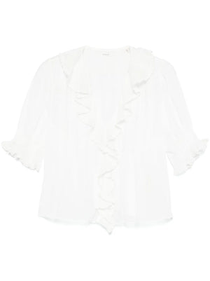 Dôen Henri Top in Salt featuring elegant plunging V-neckline and cascading lace-trimmed ruffles.