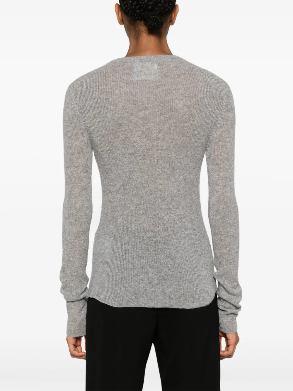 Woman wearing the Alessia Crewneck in Dark Heather Grey, highlighting its classic fit and versatility.