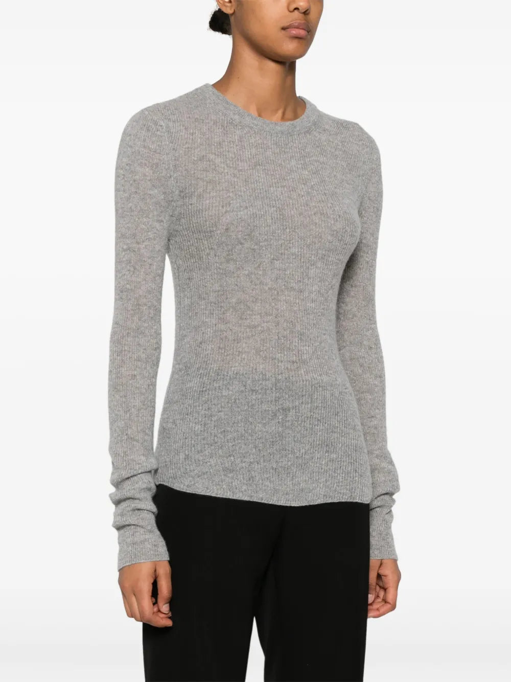 Styled outfit featuring the Alessia Crewneck in Dark Heather Grey paired with denim.