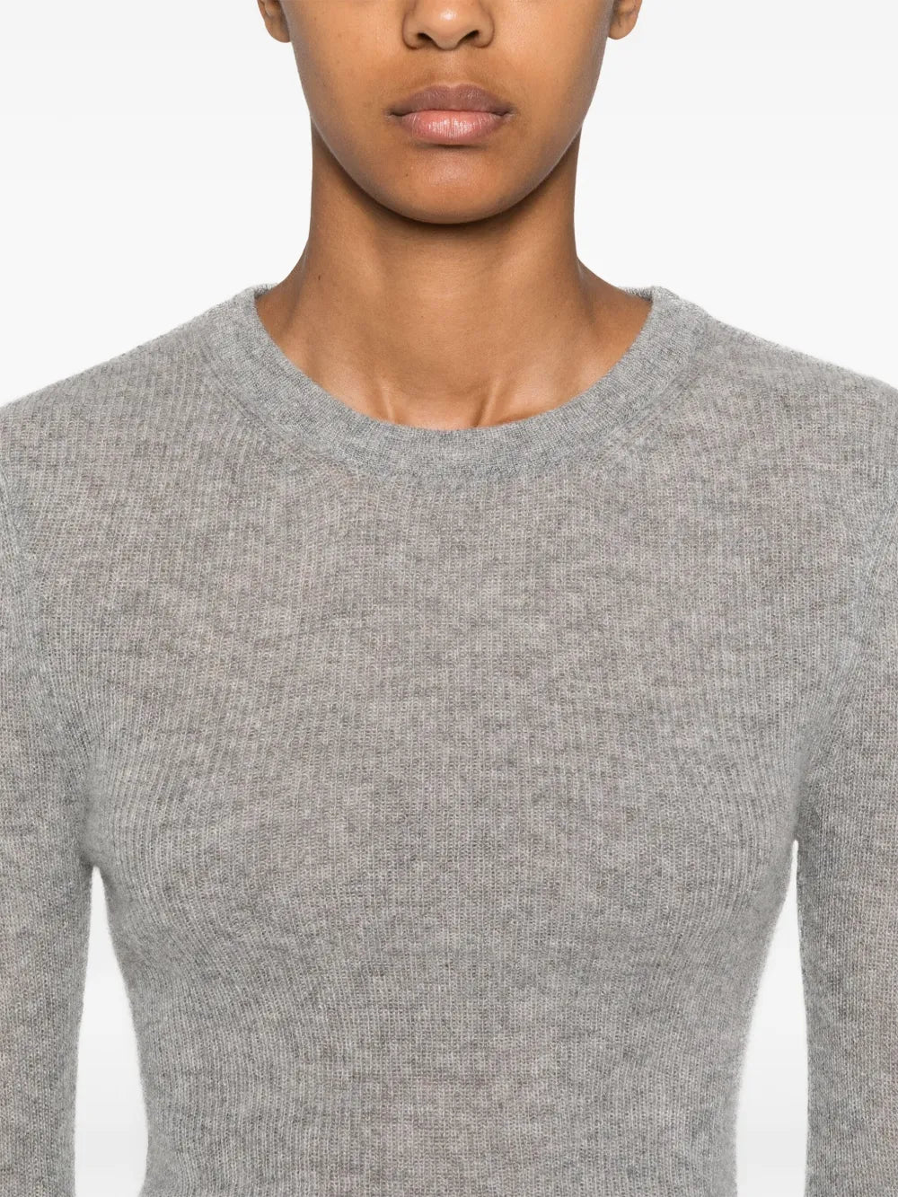 The elegant design of the Alessia Crewneck in Dark Heather Grey, perfect for layering or wearing alone.