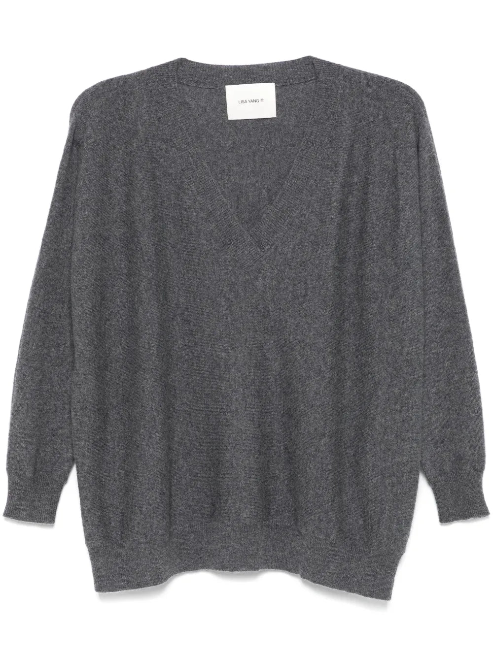 Kenny Sweater in Graphite with exaggerated ribbed V-neckline by Lisa Yang, showcasing a slouchy silhouette and soft cashmere texture.