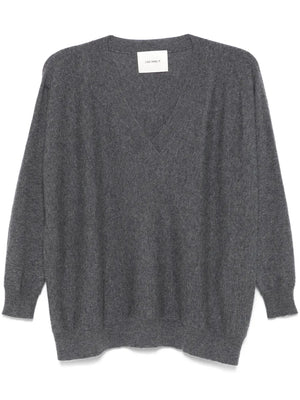 Kenny Sweater in Graphite with exaggerated ribbed V-neckline by Lisa Yang, showcasing a slouchy silhouette and soft cashmere texture.