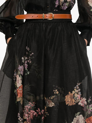 Pavilion Gathered Midi Skirt in Black Multi Floral