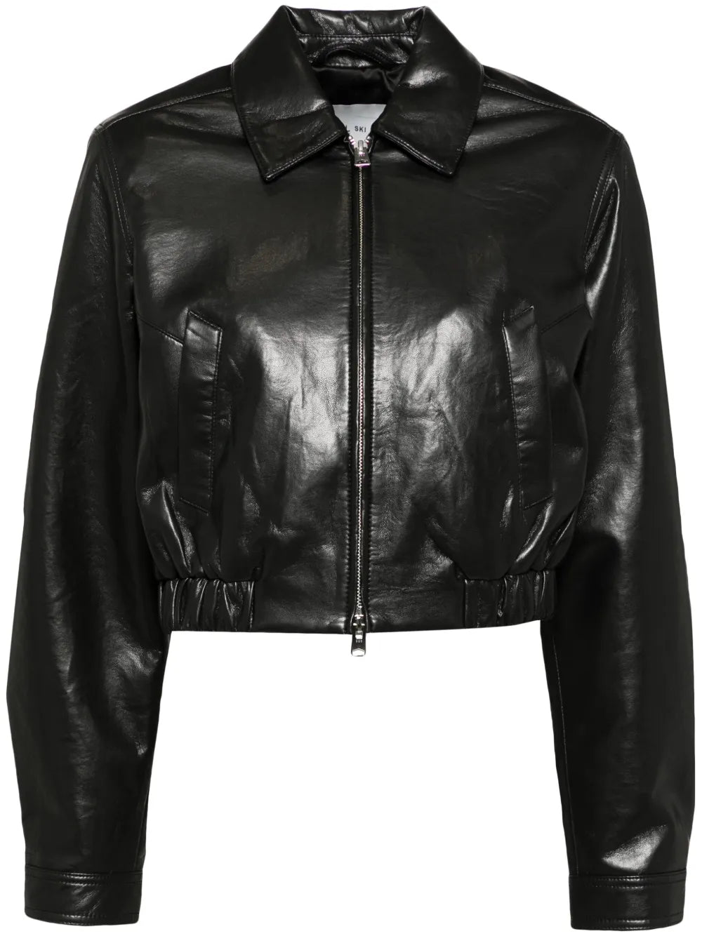 Essie Jacket in Black - Modern cropped silhouette made from recycled leather, featuring clean lines and a gathered hem.