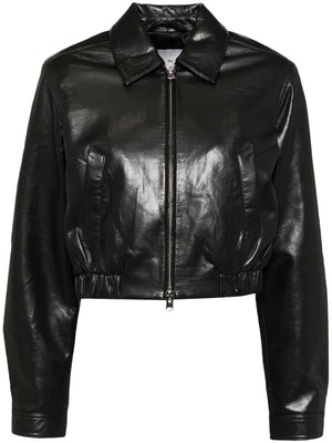 Essie Jacket in Black - Modern cropped silhouette made from recycled leather, featuring clean lines and a gathered hem.