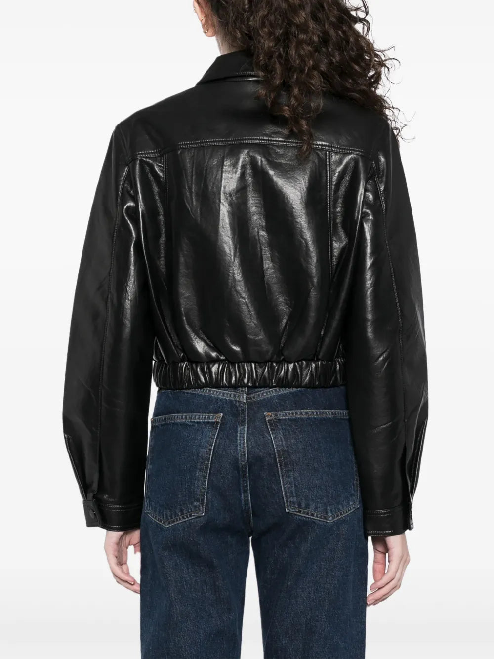 Back view of the Essie Jacket in Black - Showcasing its gathered hem and fitted design.