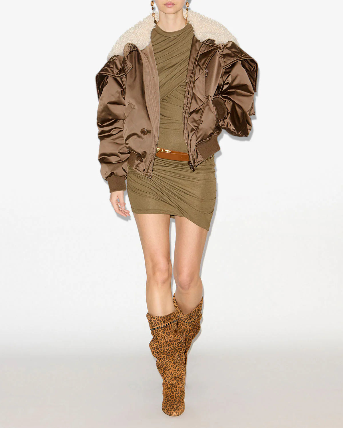 Detail view of the Elisa Coat in Khaki with a stand-up collar and zippered hood from Isabel Marant.