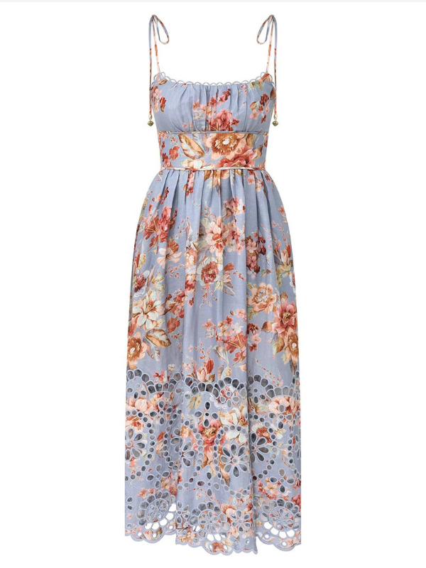 Awaken Picnic Dress in Chambray Floral by Zimmermann, showcasing the fitted bodice and self-tie straps.