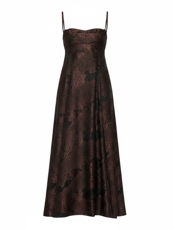 Theron Midi Dress in Arabica showcasing its sheer jacquard fabric and exclusive orchid-animal motif.