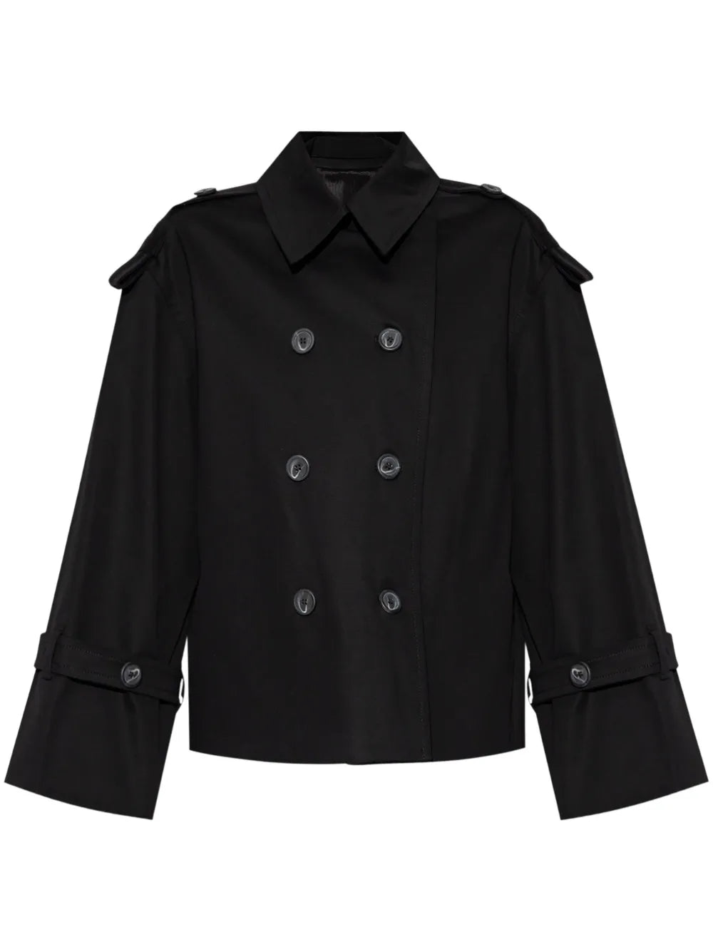 Alisandra Trench Jacket in Black by By Malene Birger showcasing its double-breasted design and epaulettes.