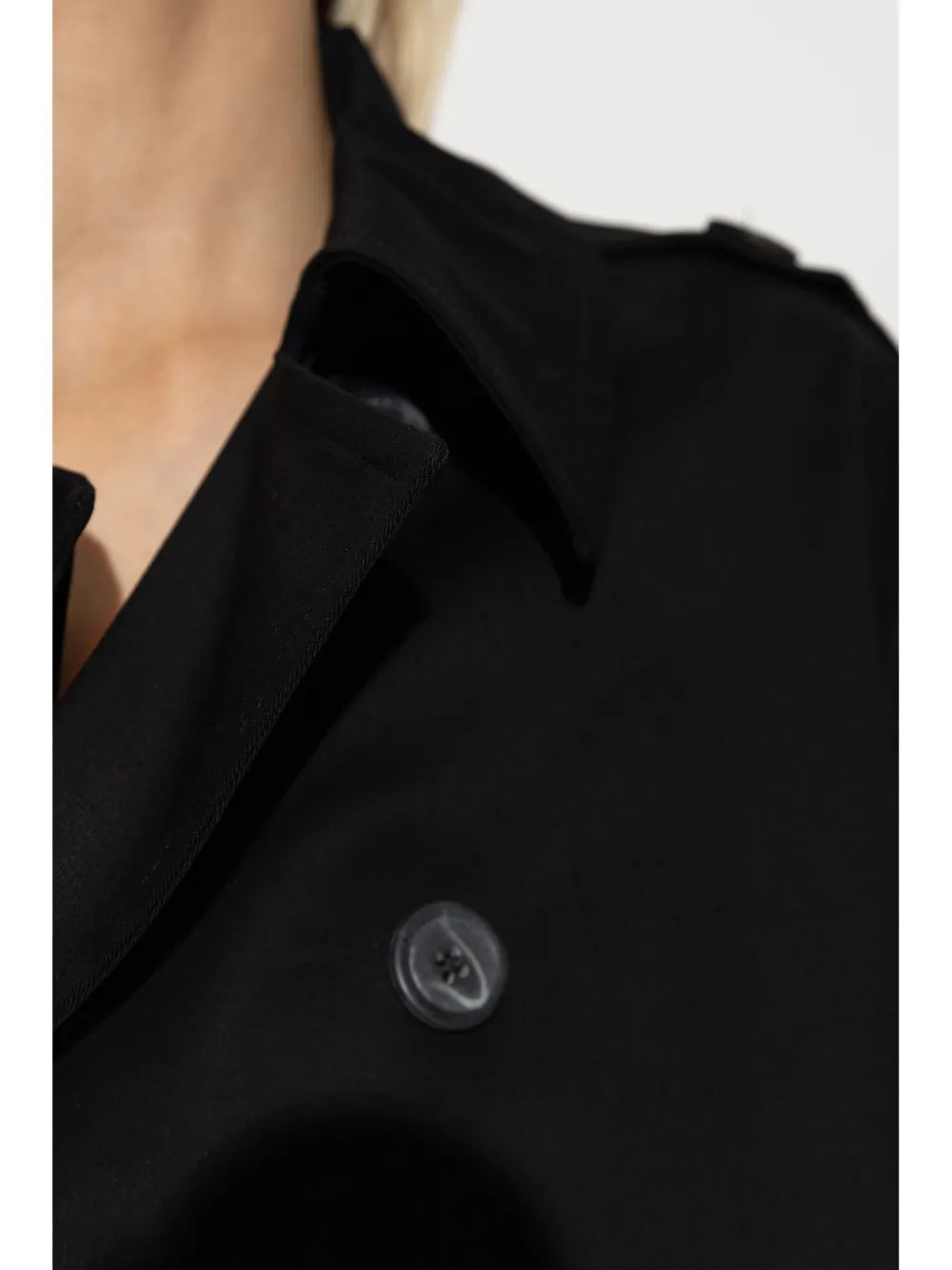 Back view of the Alisandra Trench Jacket in Black, showcasing the tailored fit and sophisticated style.