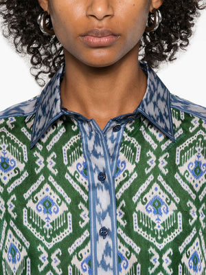 Wylie Relaxed Shirt in Green/Blue Ikat