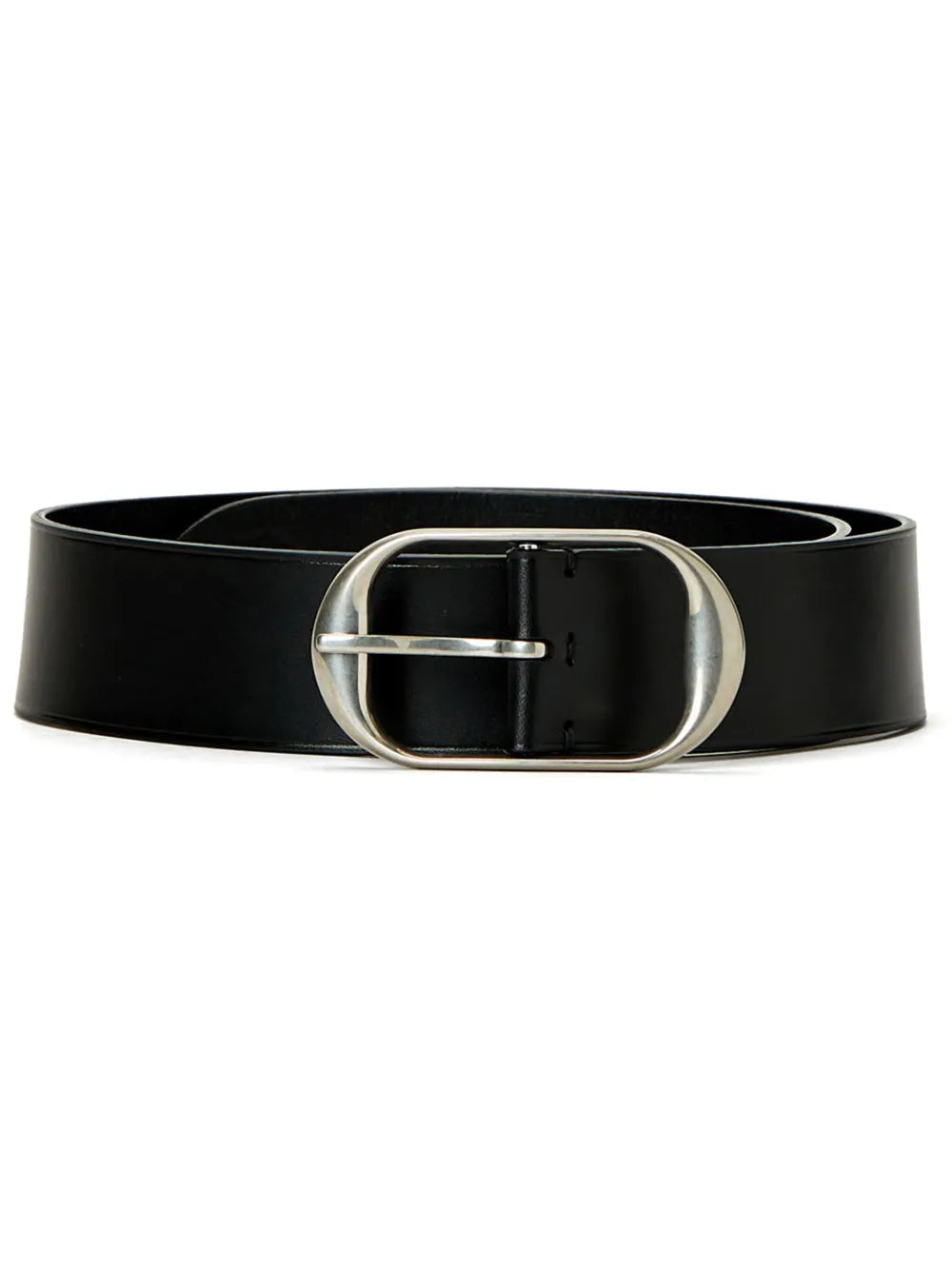 Nili's Belt in Black/Silver featuring a wide cowhide leather design and solid antique brass buckle in matte gold finish.