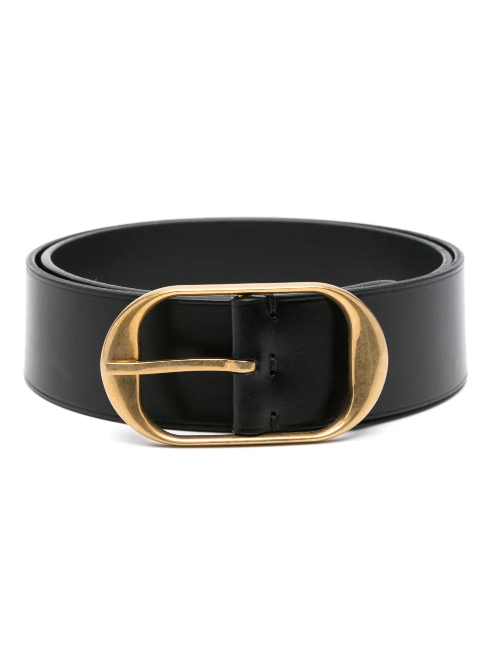 Nili's Belt in Black W/ Antique Brass Buckle showcasing the elegant wide-style design with a matte gold finish and Italian vachetta leather.