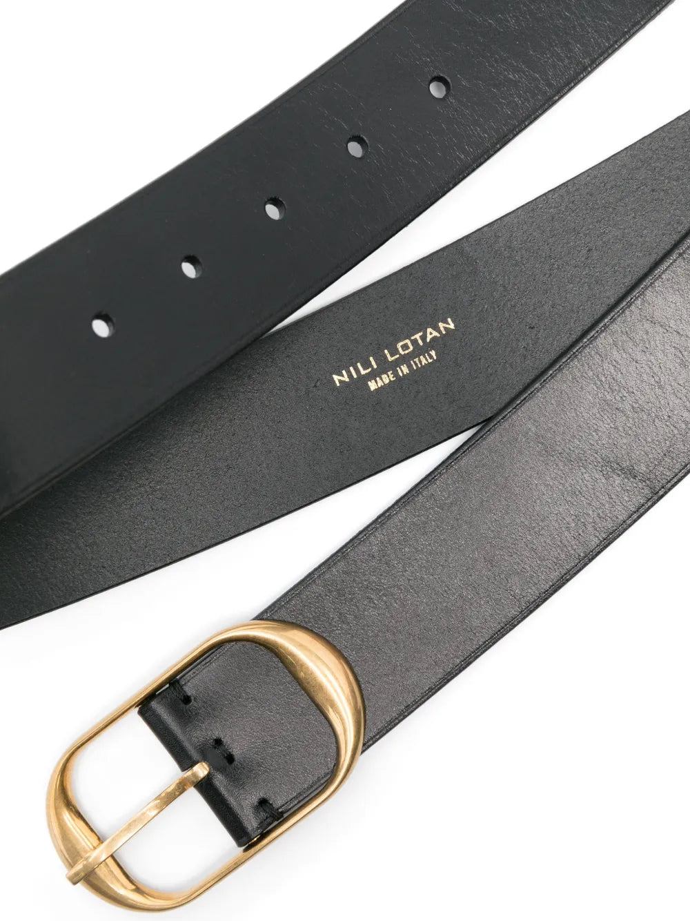 Close-up view of Nili's Belt in Black W/ Antique Brass Buckle highlighting the solid brass buckle and luxurious calfskin leather material.