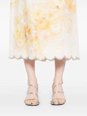 Crush Scalloped Midi Skirt in Yellow Floral