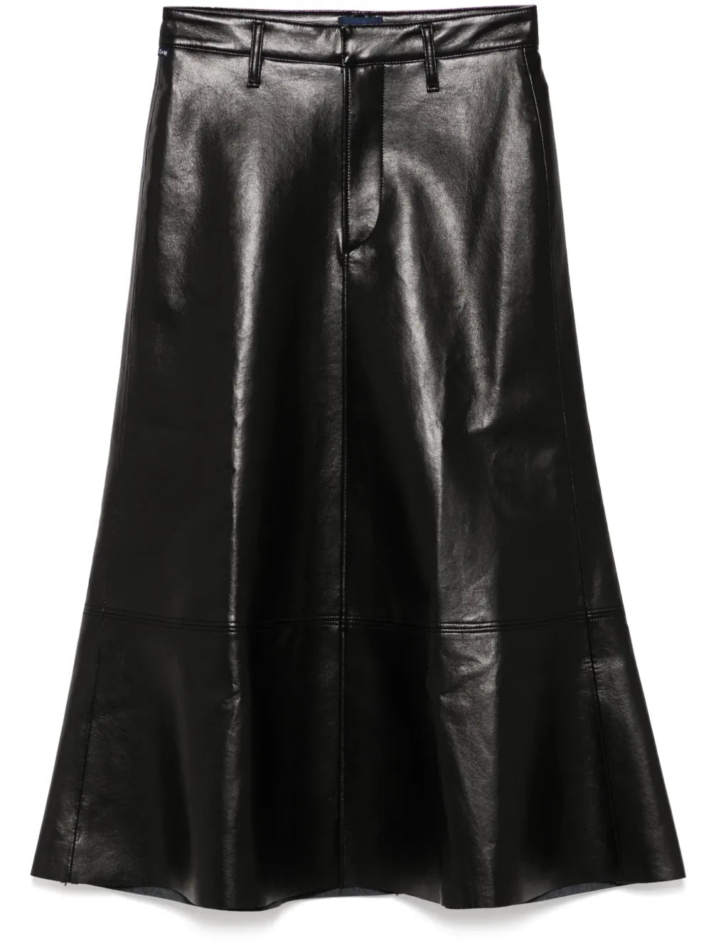 Cassia Leather Skirt in Black showcased on a model, highlighting the sleek A-line design and luxe recycled leather material.
