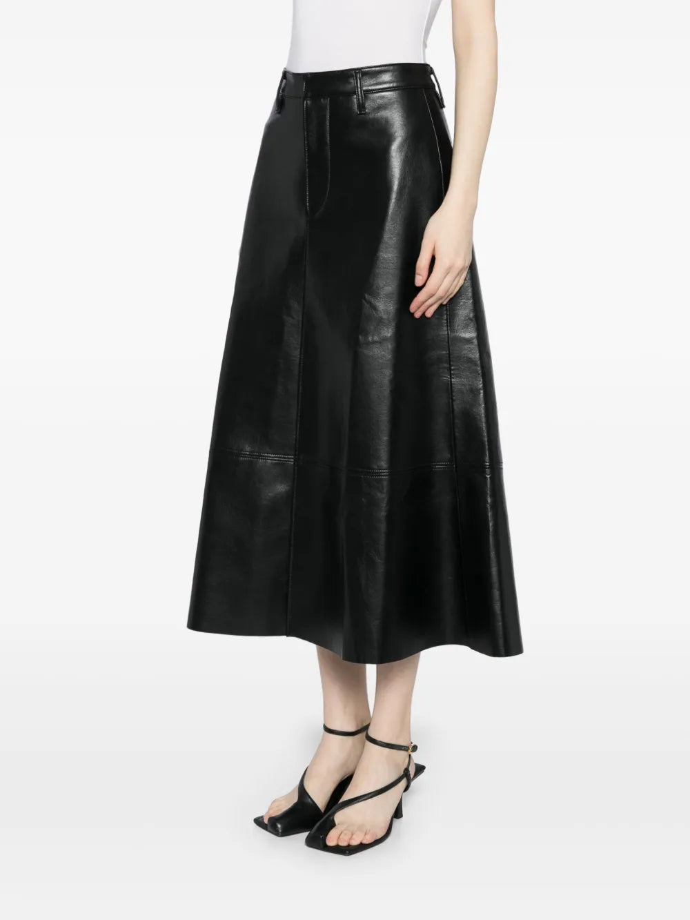 Back view of the Cassia Leather Skirt in Black, displaying its clean silhouette and zip fly closure.