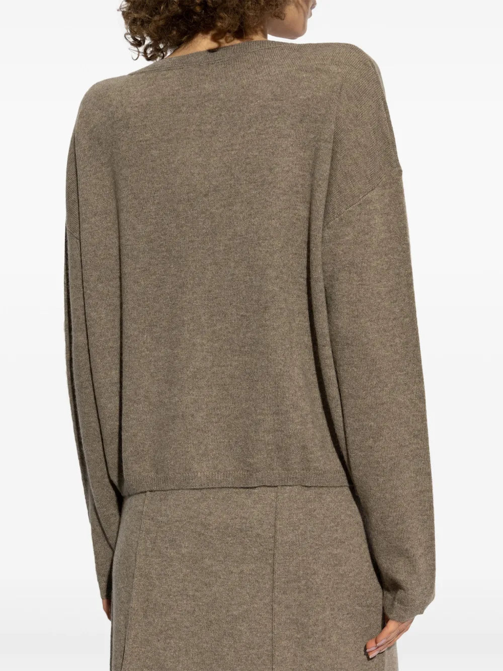 The Abby Cardigan in Truffle laid flat, highlighting its stylish cashmere fabric and relaxed fit.