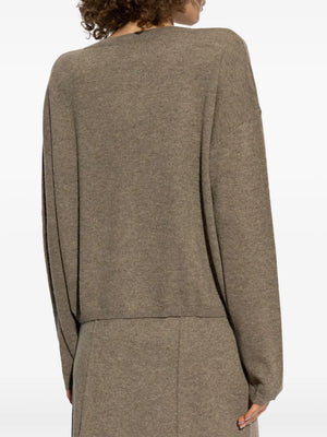 The Abby Cardigan in Truffle laid flat, highlighting its stylish cashmere fabric and relaxed fit.